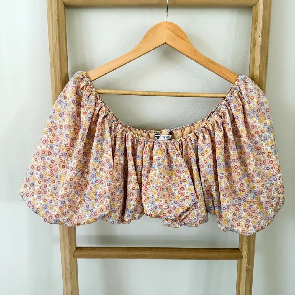 Zara Printed Satin Effect Floral Puff Sleeve Off Shoulder Crop Top Size Small